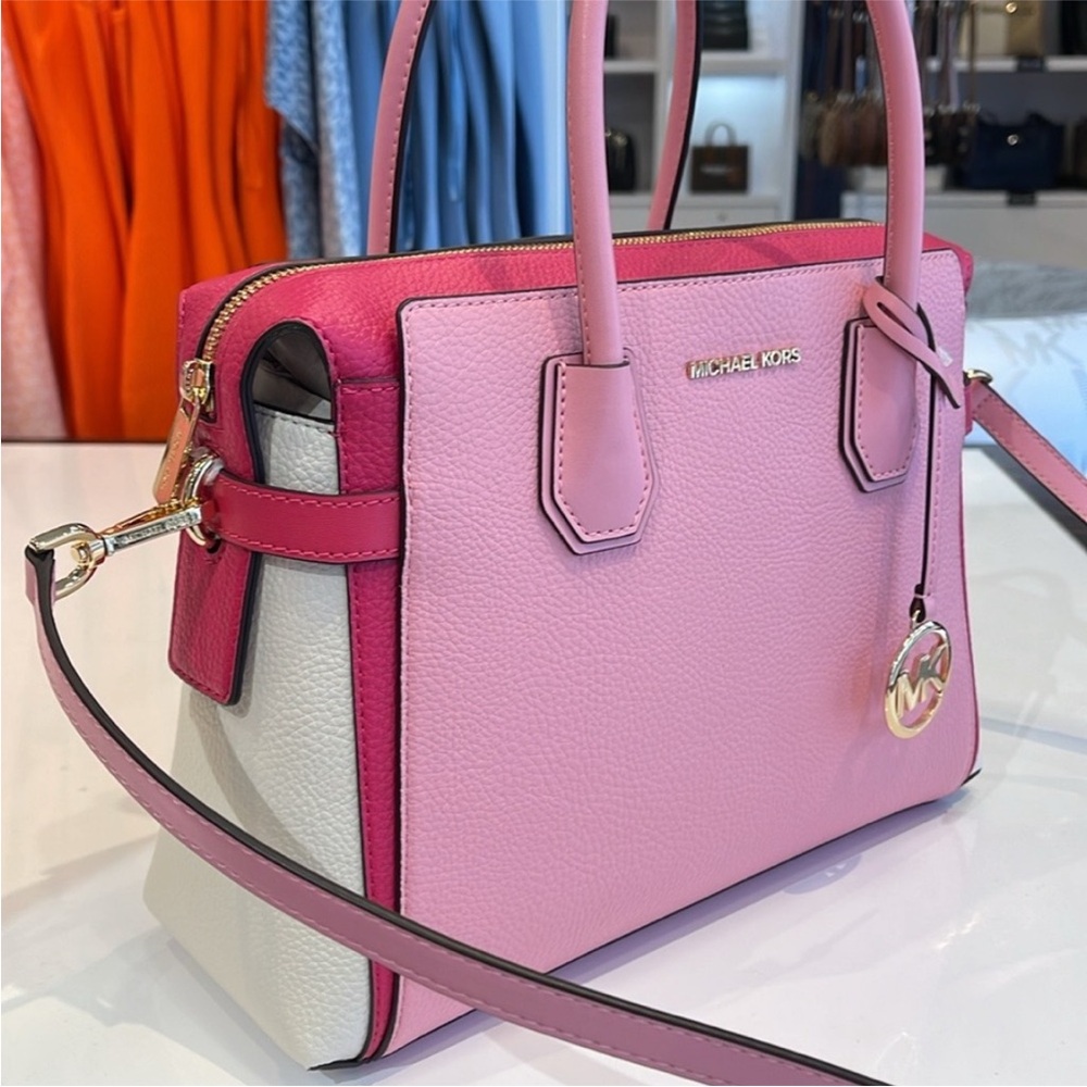MICHAEL KORS Mercer Md Top ZipColor-Block Belted Satchel Crossbody Purse El Pink - Picture 2 of 16